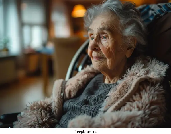 A thoughtful elderly woman sits in her wheelchair and gazes out the window.