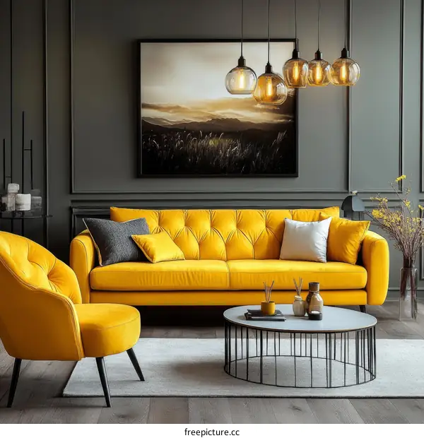 Modern Living Room with Yellow Furniture and Artwork