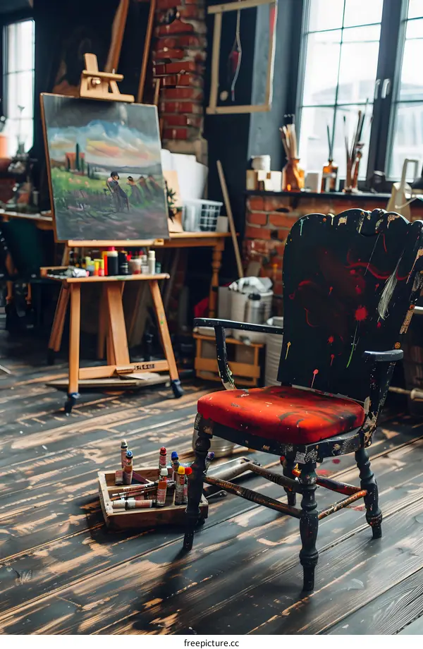 Artist Studio With Red Chair and Painting Supplies