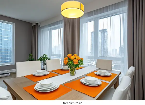 Dining Room with City View and Orange Decor