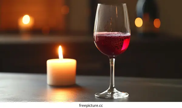 A glass of red wine and a burning candle on a table