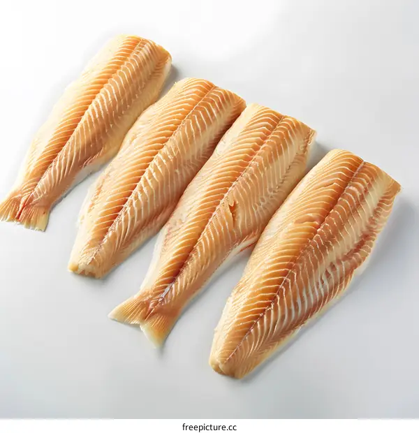 Four raw fish fillets on white background