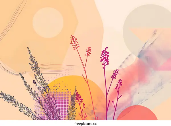 Abstract Floral Illustration With Geometric Shapes and Watercolor Background
