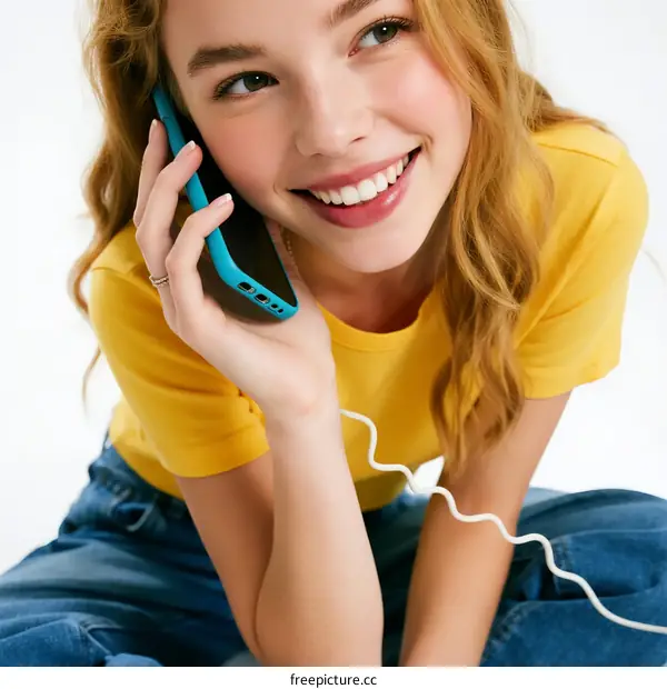 A young woman smiling while talking on a mobile phone