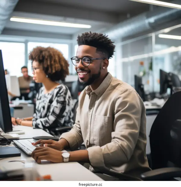 Smiling African American businessman working at computer