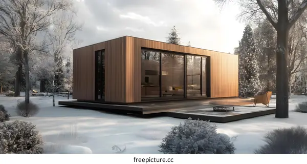 Modern Wooden Cabin in Winter Forest