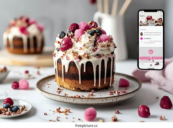 Delicious Homemade Cake With White Chocolate Drizzle, Fresh Berries And Whipped Cream