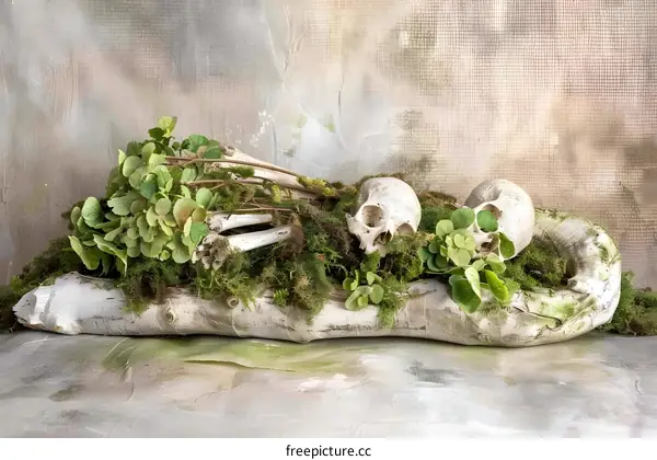 Still Life with Skulls and Greenery on Wood