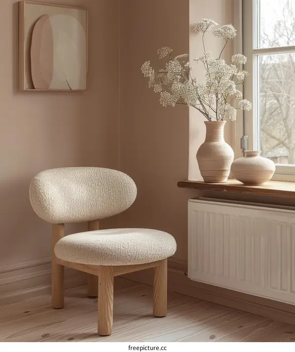 Cozy Minimalist Living Room with Soft Chair and Floral Artwork