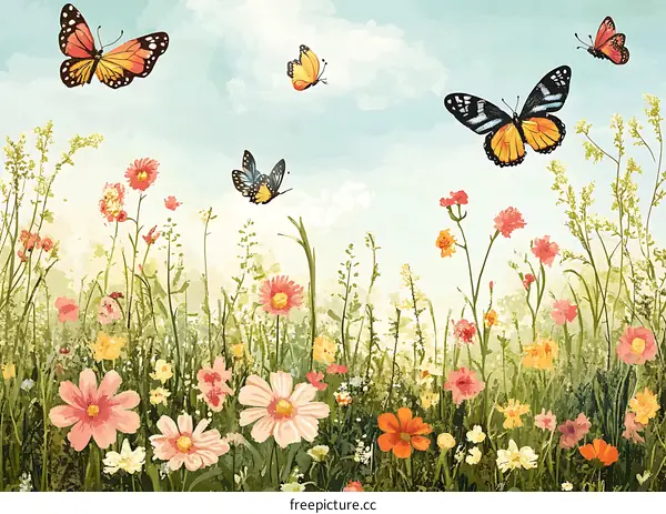 Beautiful Floral Field with Butterflies