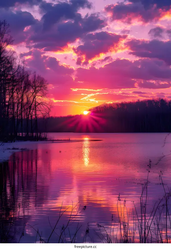sunset lake landscape purple pink sky