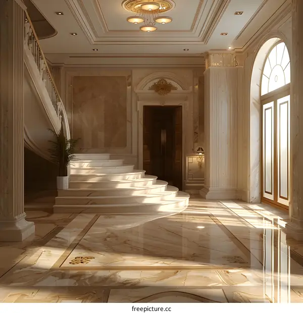 White Marble Staircase in a Luxurious Interior