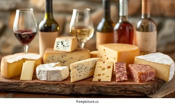 An assortment of cheese and wine
