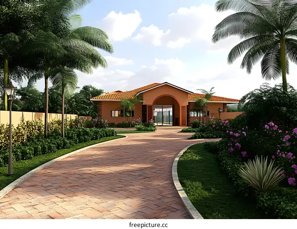 Tropical Villa with Brick Driveway and Lush Landscaping