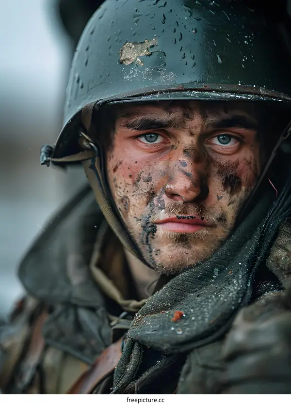 Portrait of a young soldier with a helmet on his head