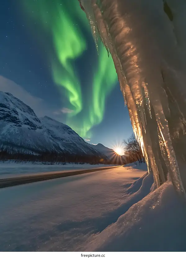 Aurora Borealis Over Snowy Mountains With Icicles