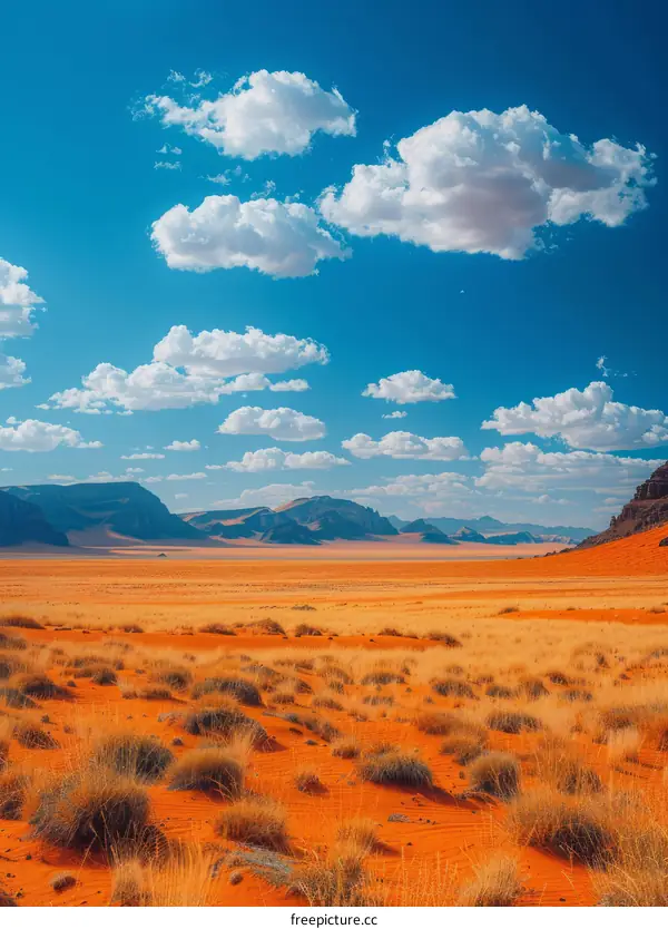 Immense Desert Landscape with Distant Mountains and a Clear Blue Sky Adorned with Clouds