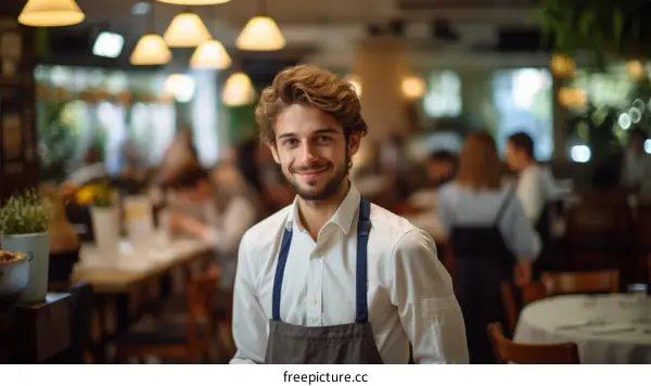 Portrait of a young male waiter smiling at the camera
