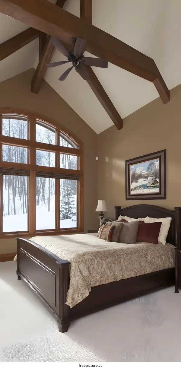 Bedroom Interior Design with Wooden Beams and Large Window