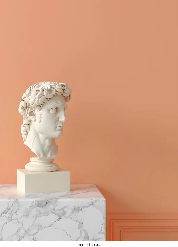 White Marble Statue of a Man on a Peach Colored Wall