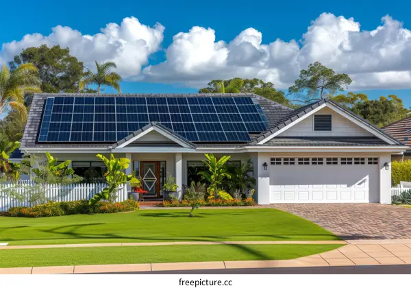Modern house exterior with solar panels on the roof