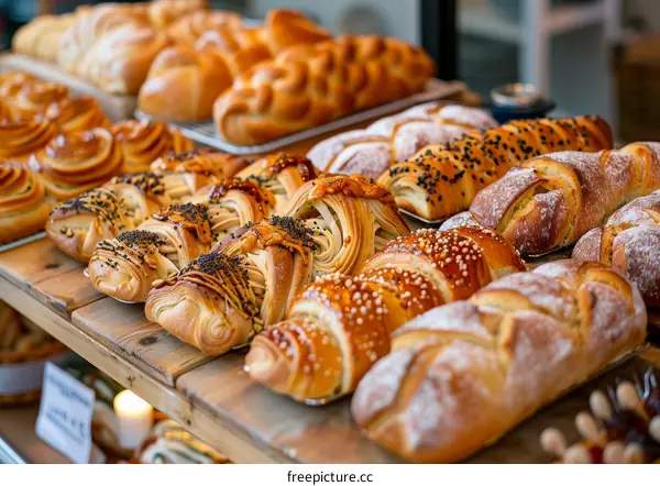 Assortment of Freshly Baked Breads and Pastries on Display at a Bakery