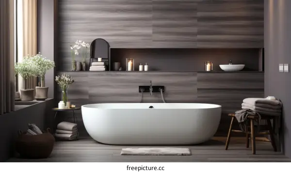 Bathroom interior with a bathtub, sink, and wooden walls
