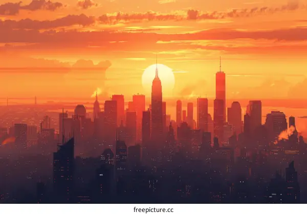 New York Cityscape Illustration at Sunset