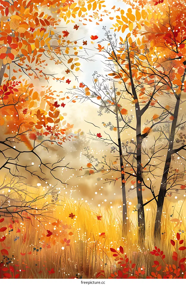 Autumn Forest with Falling Leaves Illustration