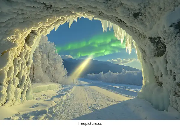 Frozen Cave View of Aurora Borealis in Winter