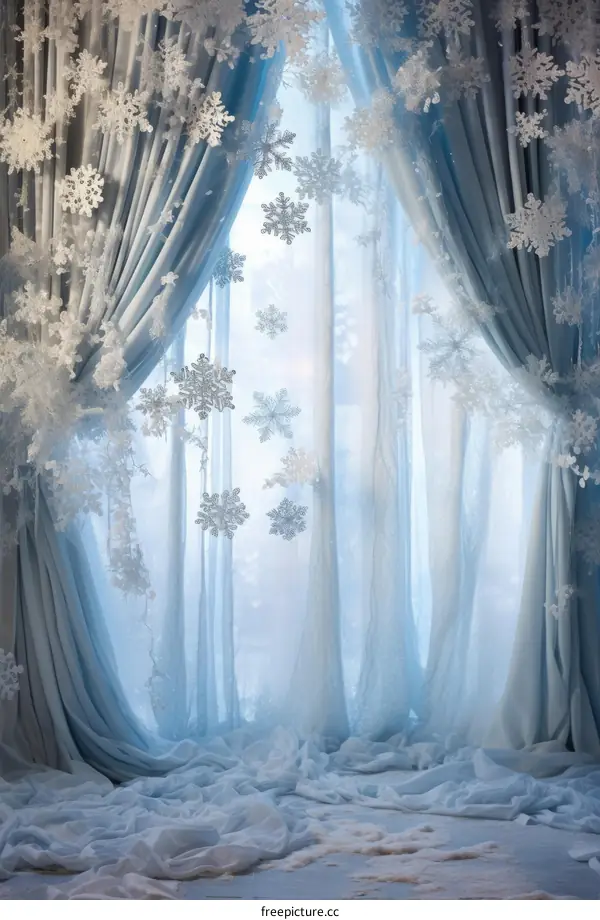Blue and white winter wonderland scene with snowflakes and sheer curtains
