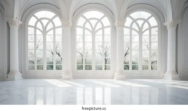 bright spacious white marble hall with arched windows