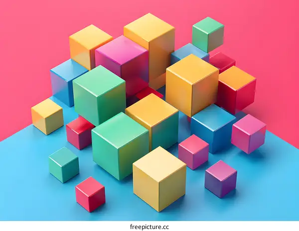 Colorful 3D cubes on blue and pink background