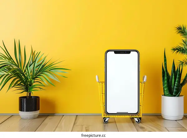 Yellow Background With Smartphone In Shopping Cart