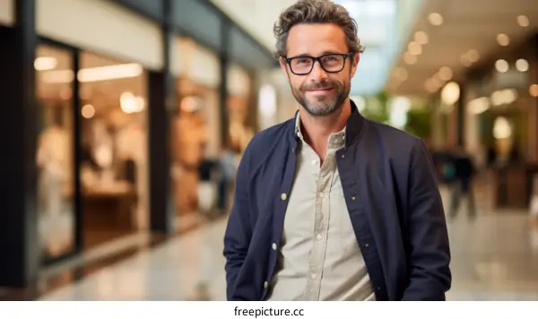 Portrait of a smiling man with glasses in a shopping mall