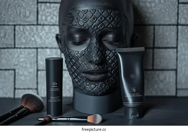Black Eye Mask and Black Beauty Products on Table