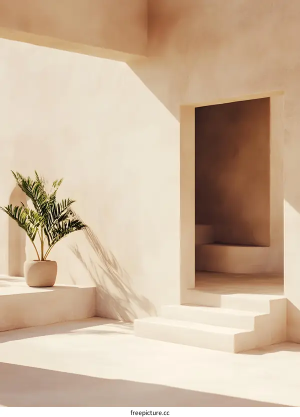 Minimalist Architecture with Palm Tree and Sunlight