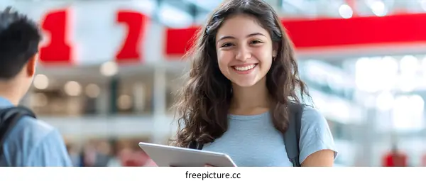 Smiling Young Woman Holding Tablet and Looking at the Camera in a University Setting