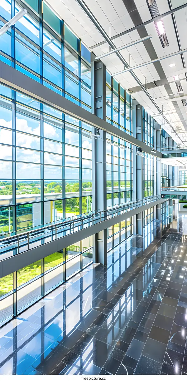 Modern Office Building Interior with Large Windows
