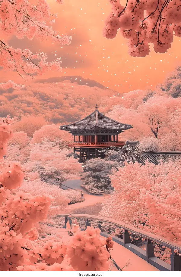 Traditional Korean Architecture Surrounded by Cherry Blossoms