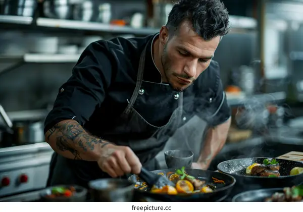 Focused male chef cooking in a restaurant kitchen
