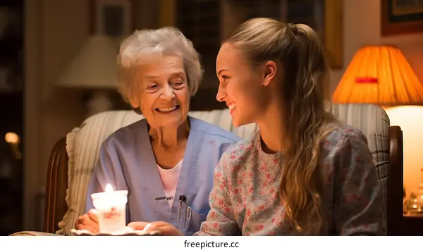 A young woman is talking to an elderly woman
