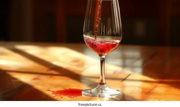 Red wine being poured into a glass on a wooden table