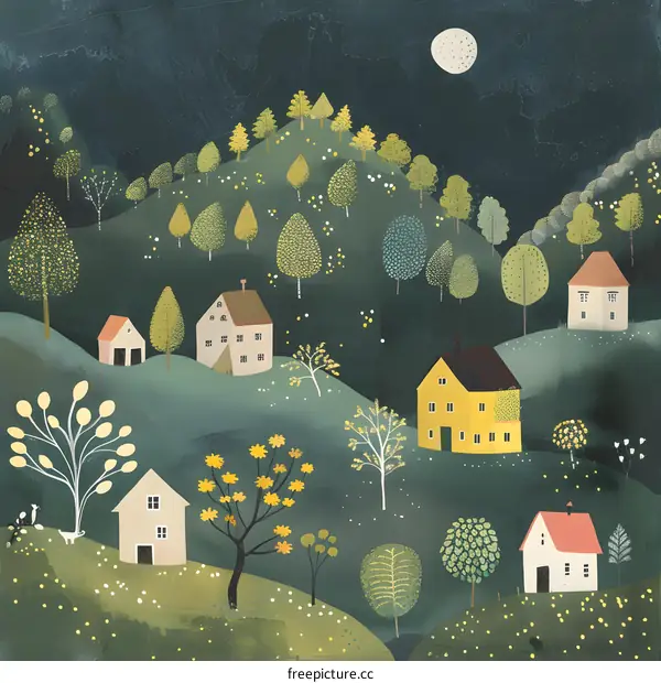 Nighttime Village Illustration with Green Hills and Yellow Houses