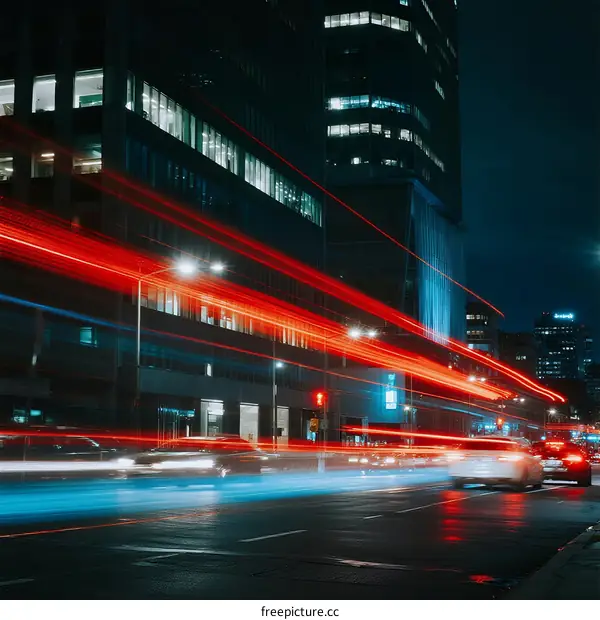 Night Urban Traffic with Light Streaks in Modern City