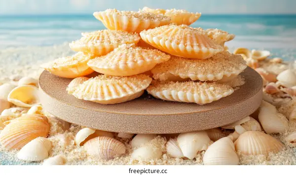 Stacked Seashell Shaped Treats on a Wooden Board