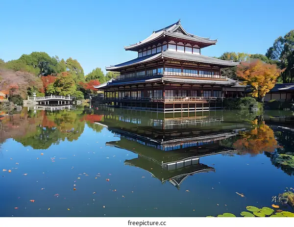 Traditional Japanese Architecture Reflected in Water with Autumn Foliage