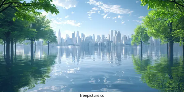 Flooded Cityscape with Lush Trees and Reflection