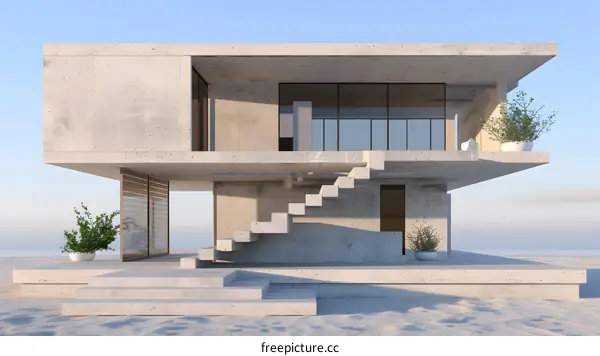 Modern Concrete House with Stairs and Plants on Beach