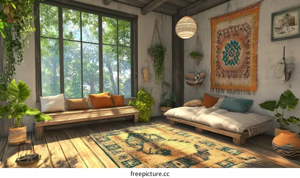 Bohemian Style Living Room Interior Design Illustration